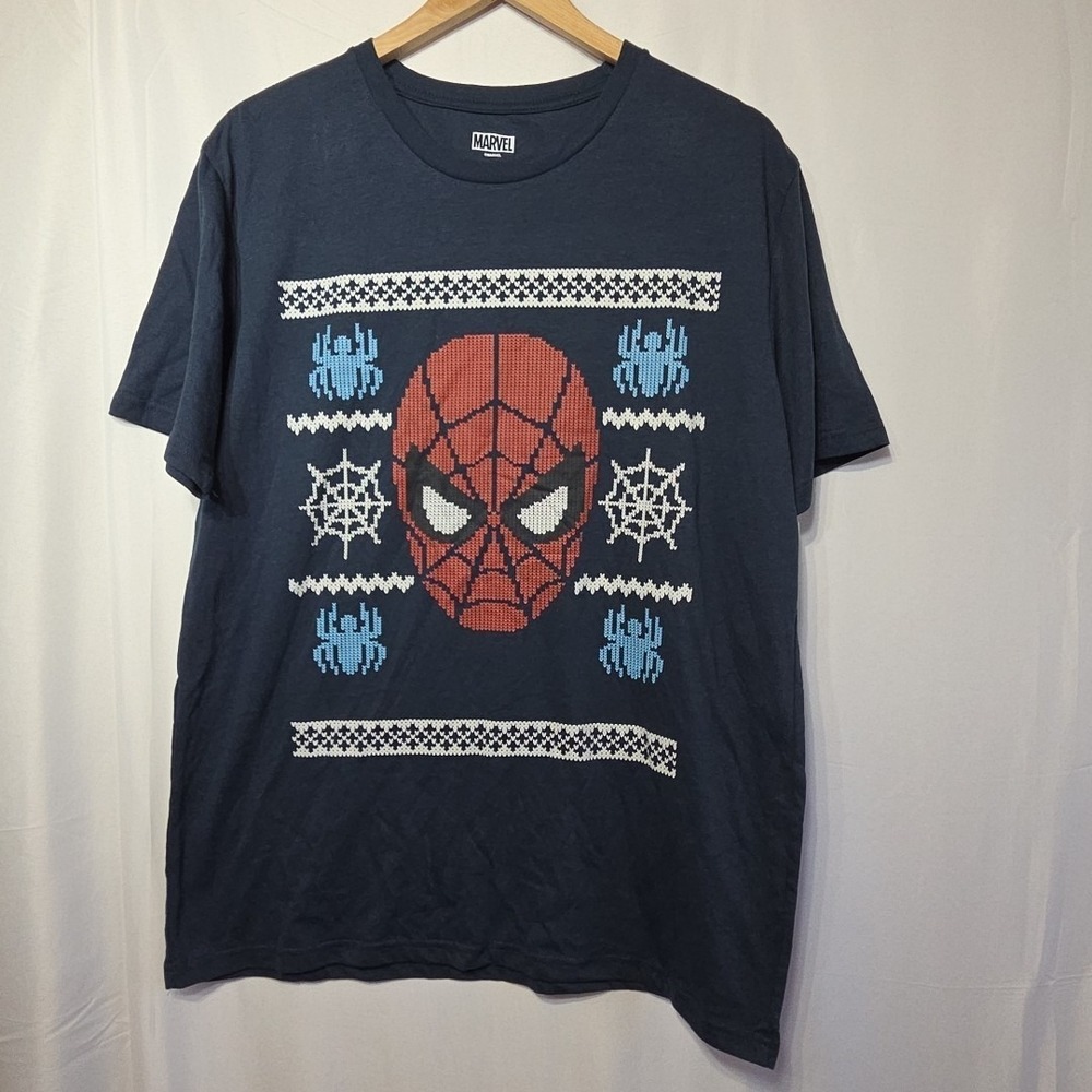 Marvel Spider-Man Ugly Christmas Sweater T-Shirt Large Blue Graphic Tee Cotton